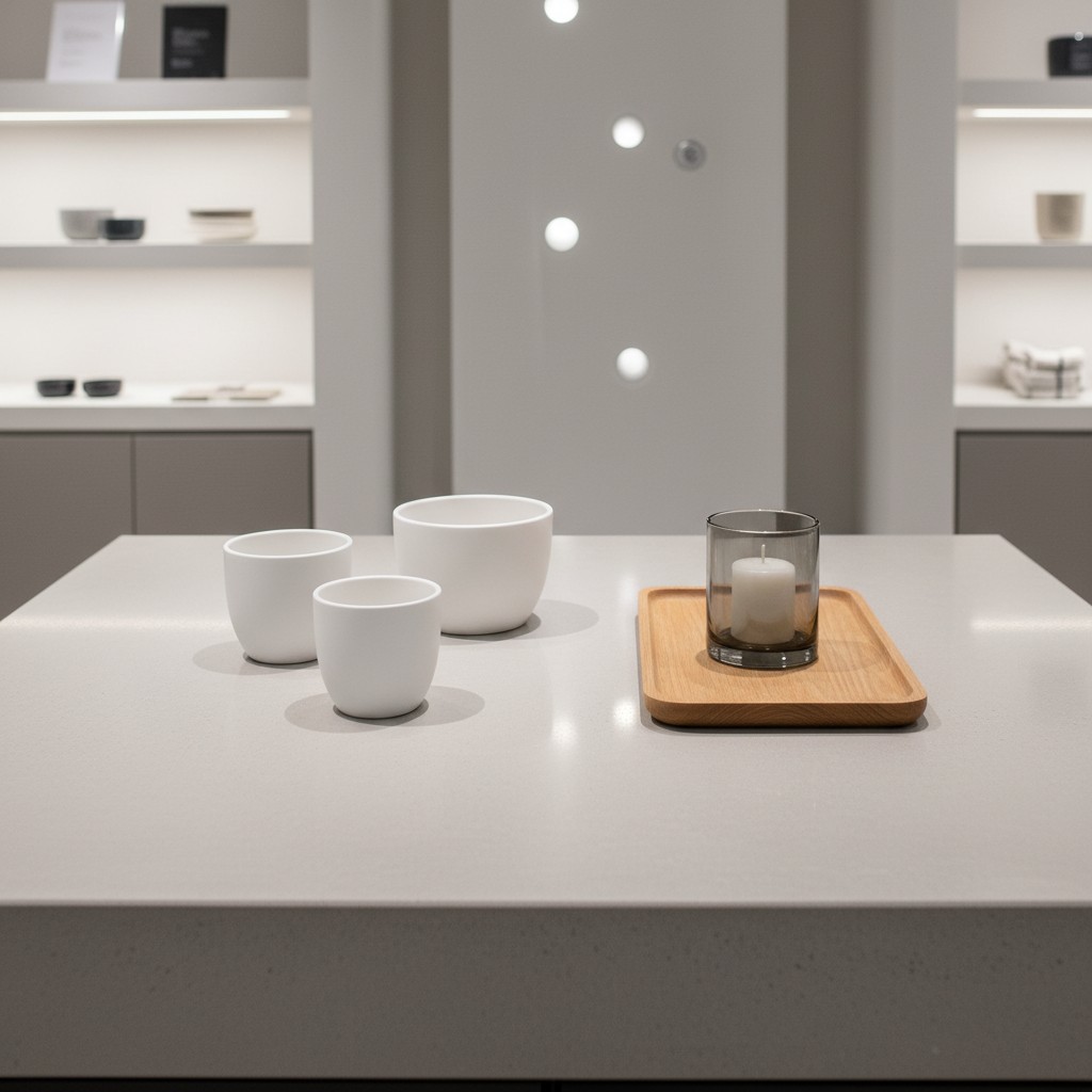 Decorative ceramic cups on a display table.