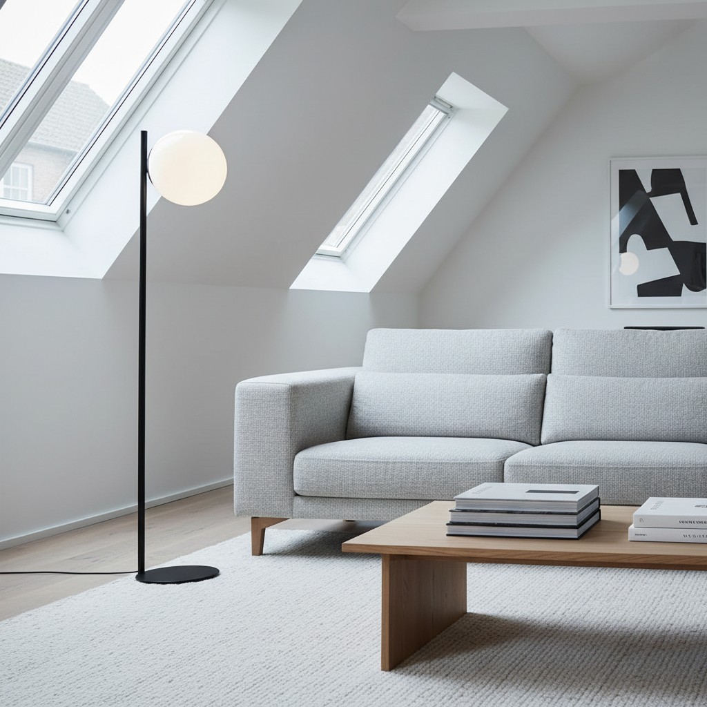 The interior of a home, featuring a sofa, coffee table, lamp, and painting on a wall with two windows.